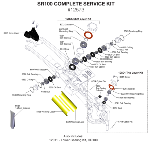 Exploded diagram of SR100 complete service kit #12573, showing parts like gaskets, seals, bearings, and spacers with labeled arrows and a shift lever assembly.
