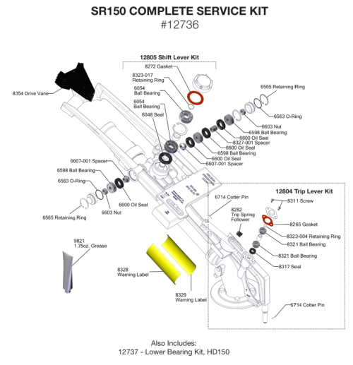 Exploded diagram of SR150 Complete Service Kit (#12736) with labeled parts and two subkits: Shift Lever Kit (12805) and Trip Lever Kit (12804).