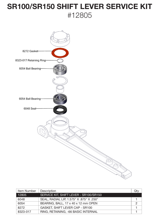 12805 Shift Lever | IrrigationSupplyParts.com -- Irrigation Fittings, Camlock, Ringlock, Drip Irrigation, Valves, Gauges Exploded diagram of SR100/SR150 shift lever service kit (#12805) with gasket, rings, bearings, seals above the lever assembly.