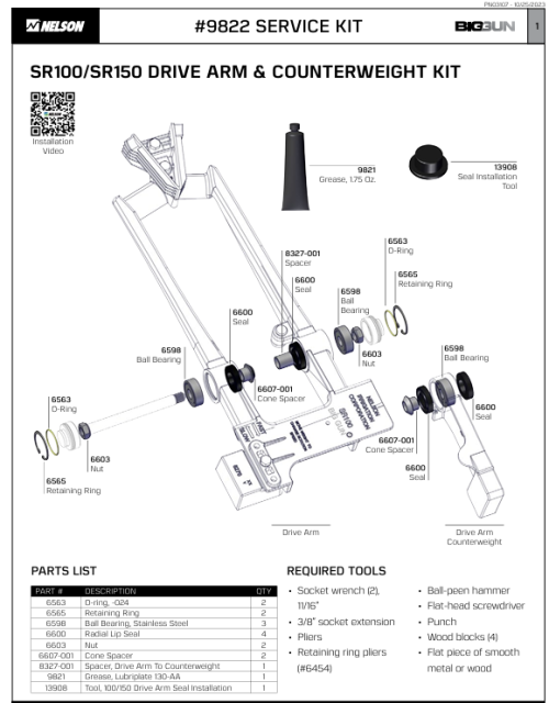 Exploded diagram of the SR100/SR150 Drive Arm & Counterweight Kit with labeled parts and tools list (spacers, seals, bearings, O-rings).